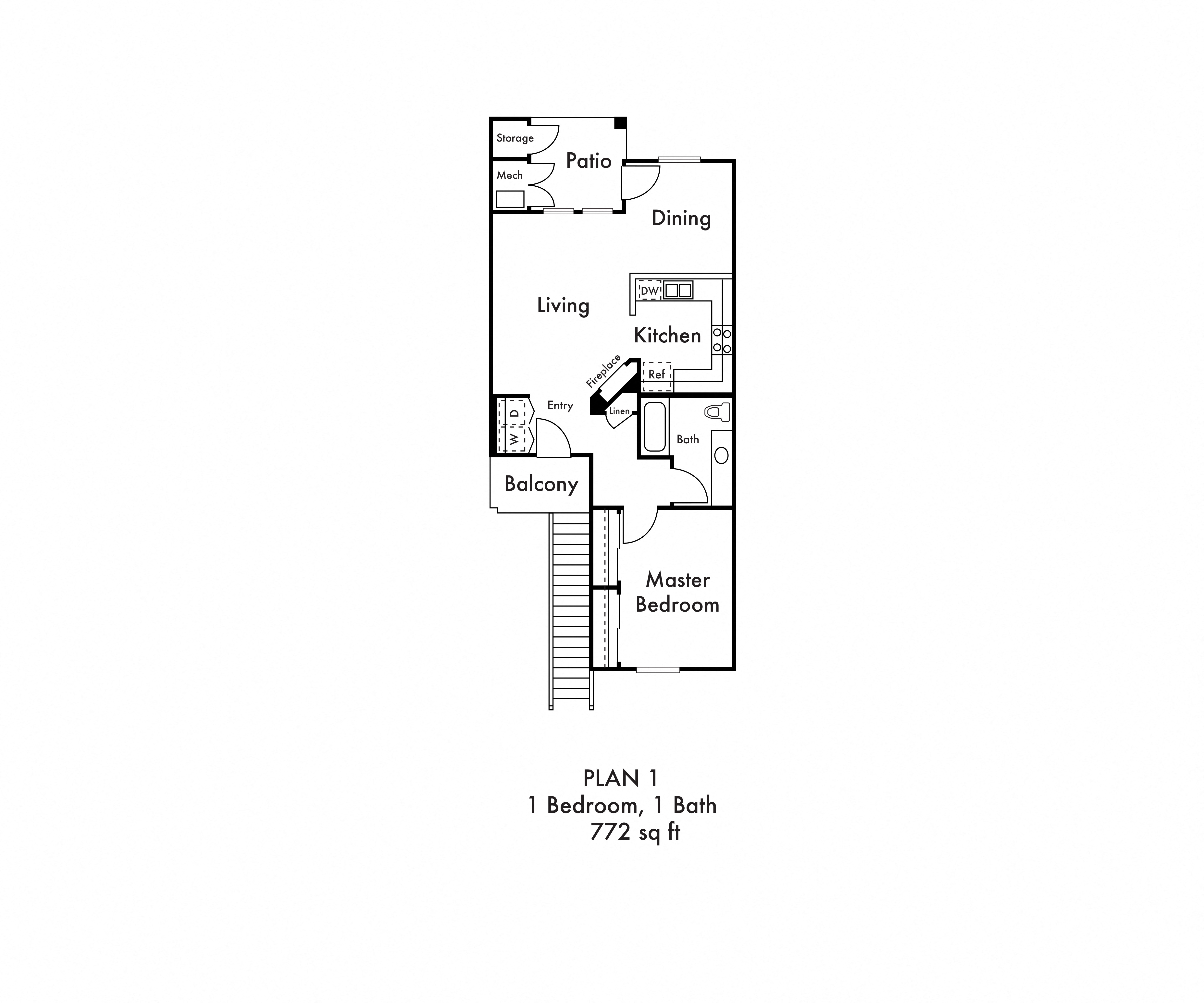 Floor plan for 1 bed, 1 bath, 772 sqft